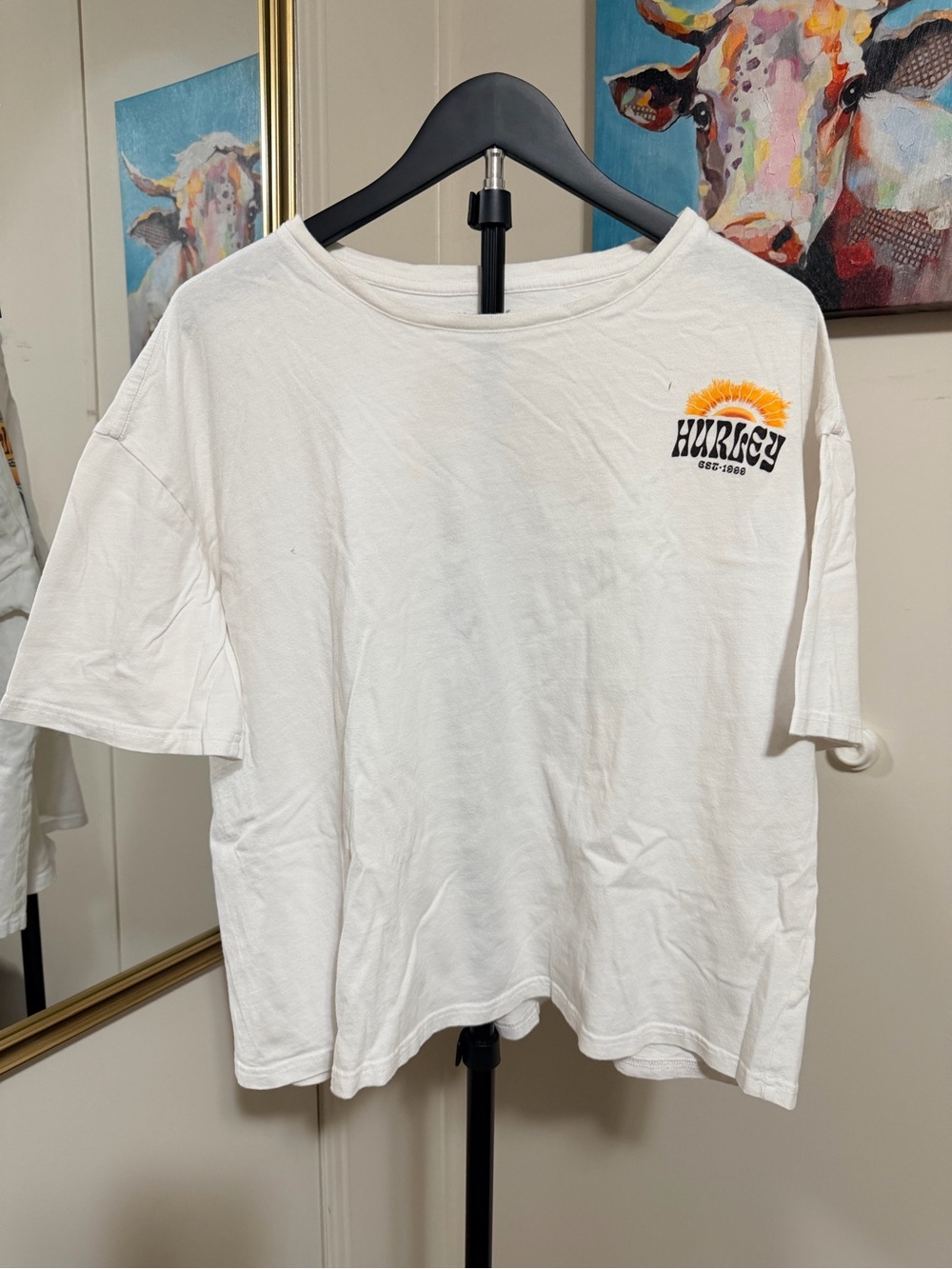 Hurley Women’s Size Large White Oversized Graphic T-Shirt Surf Beach Tee